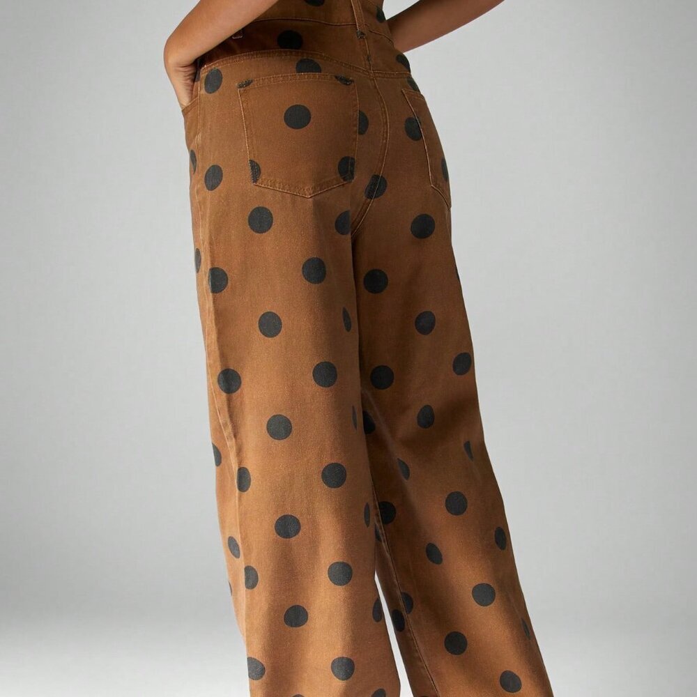 Brown High Waisted Casual Women's Wide Leg Polka Dot Jeans - Picture 2 of 7
